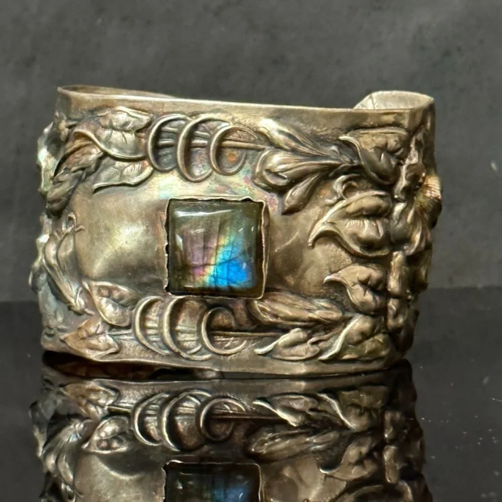 Labradorite Spectralite Sterling Silver 925 Cuff Bracelet Wide Floral Antique